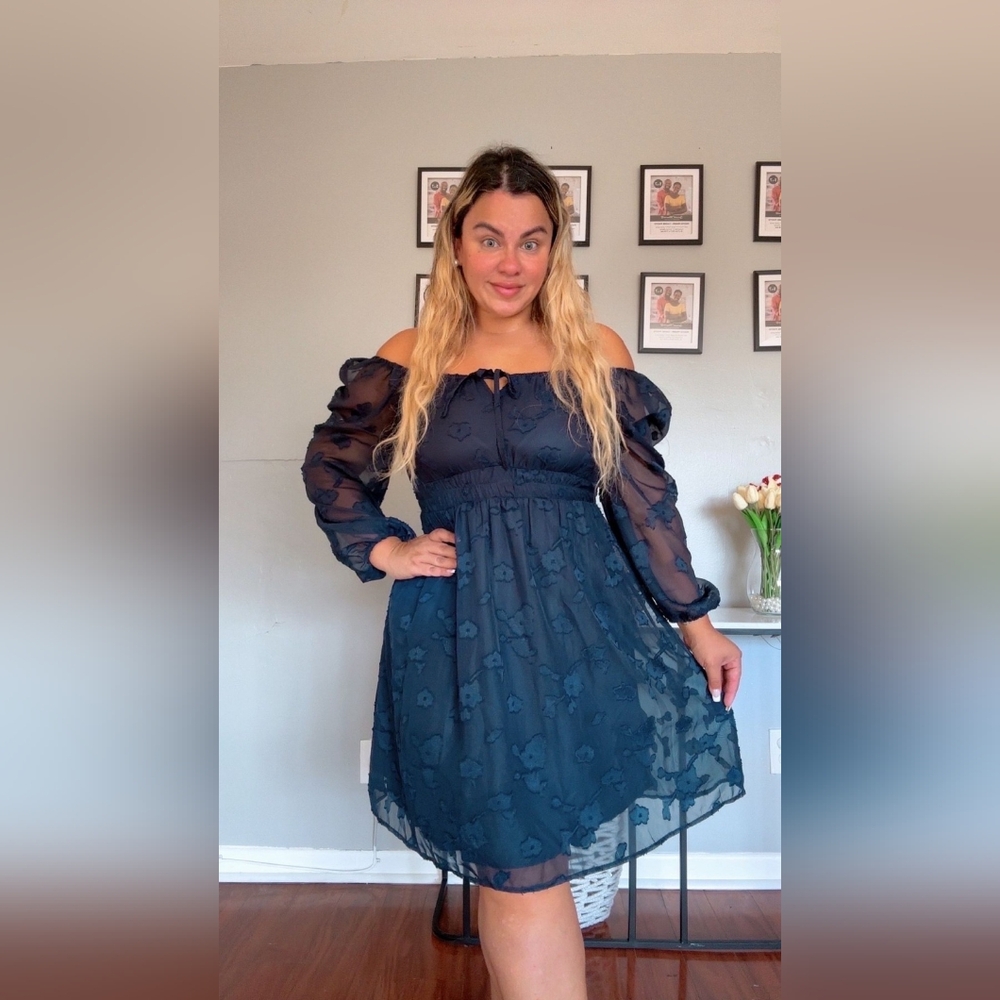 Womens Blue Long Sleeve Short Party Fit + Flare Dress Plus Size NEW 2026